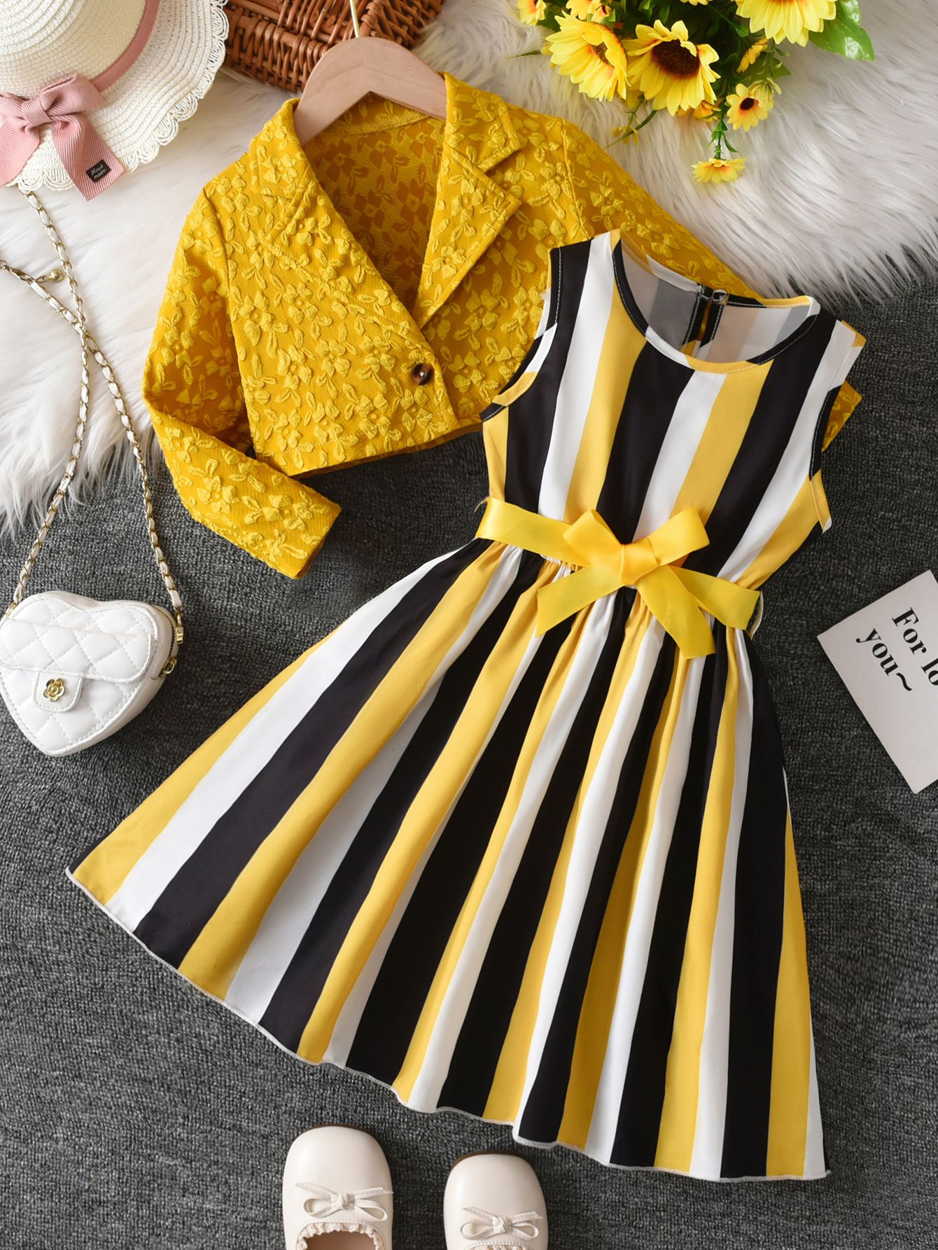 Girls' suit dress spring and autumn yellow jacquard small suit jacket striped bow girl dress princess dress