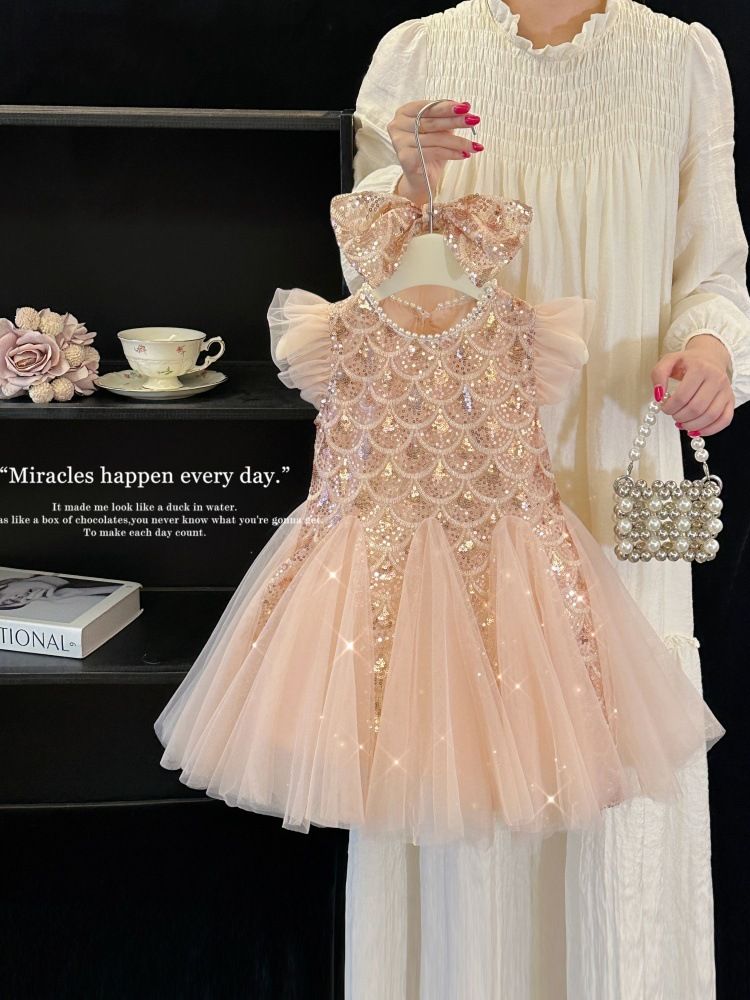 Girls' Dress Summer New Style Children's Elegant Princess Dress Baby Fashion Mesh Flying Sleeve Tank Top Skirt