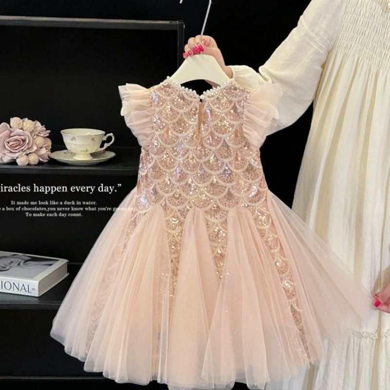 Girls' Dress Summer New Style Children's Elegant Princess Dress Baby Fashion Mesh Flying Sleeve Tank Top Skirt