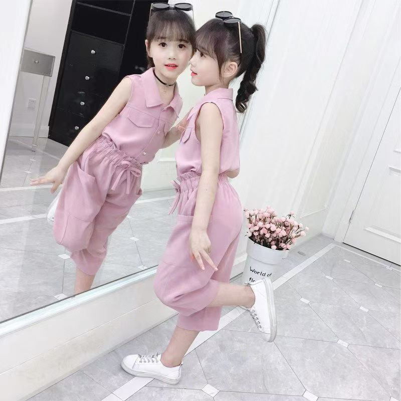 4-9 Years Children Girls Clothes Set Sleeveless T-Shirt +Cropped Short Pants Summer Fashion Outfit