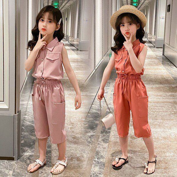 4-9 Years Children Girls Clothes Set Sleeveless T-Shirt +Cropped Short Pants Summer Fashion Outfit