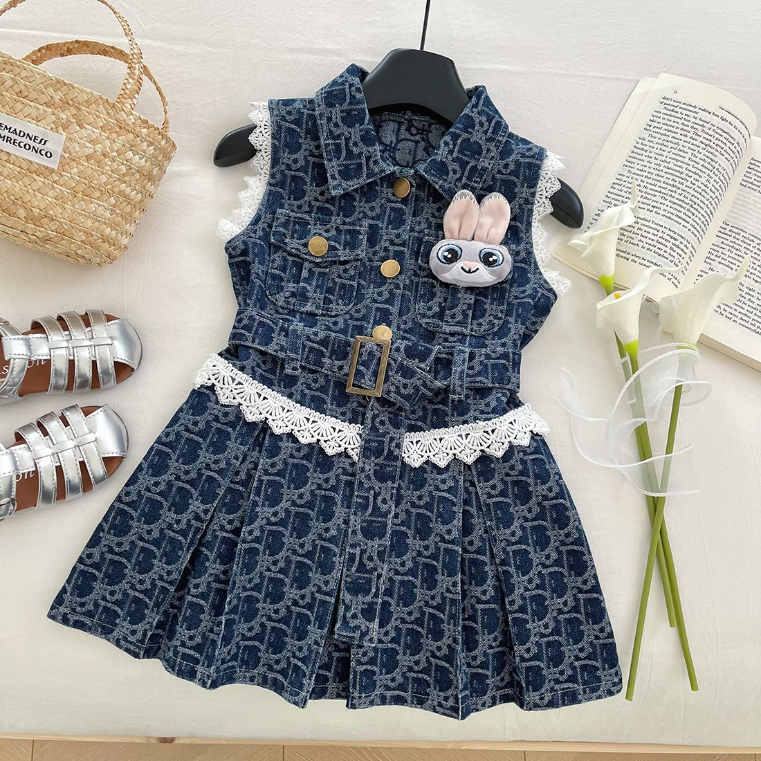 Girls' Cowboy Sleeveless Dress Summer New Children's Cowboy Skirt Lace Lace Little Girls' Tank Top Dress Skirt
