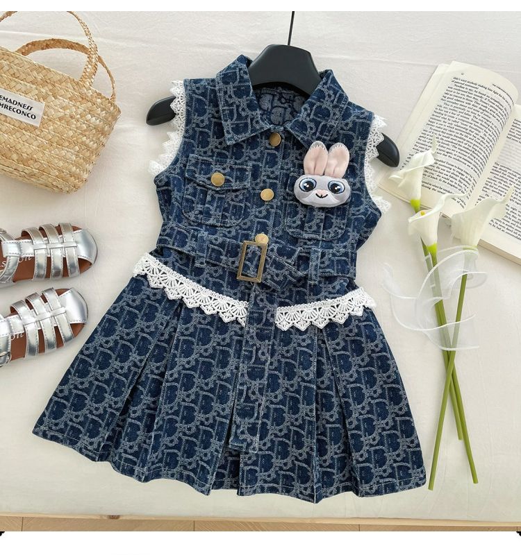 Girls' Cowboy Sleeveless Dress Summer New Children's Cowboy Skirt Lace Lace Little Girls' Tank Top Dress Skirt