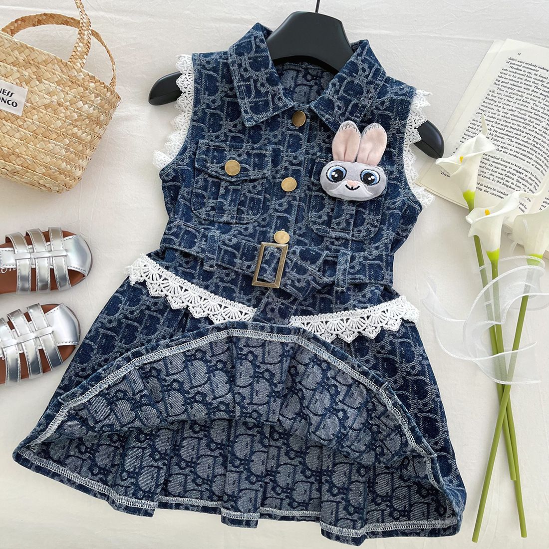 Girls' Cowboy Sleeveless Dress Summer New Children's Cowboy Skirt Lace Lace Little Girls' Tank Top Dress Skirt