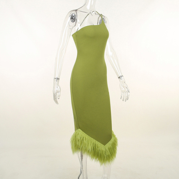 One Shoulder Halter Neck Fur Formal Dresses Sleeveless Chic Women Evening Elegant Party Prom Sexy  Fashion Dresses