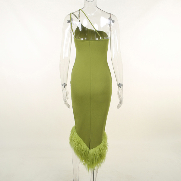 One Shoulder Halter Neck Fur Formal Dresses Sleeveless Chic Women Evening Elegant Party Prom Sexy  Fashion Dresses