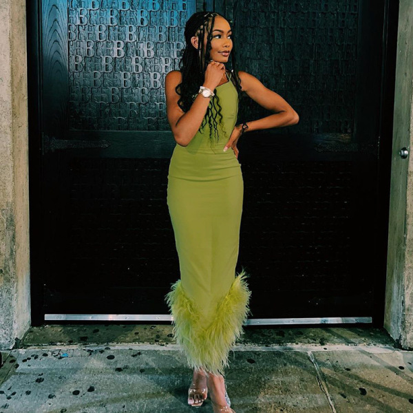 One Shoulder Halter Neck Fur Formal Dresses Sleeveless Chic Women Evening Elegant Party Prom Sexy  Fashion Dresses