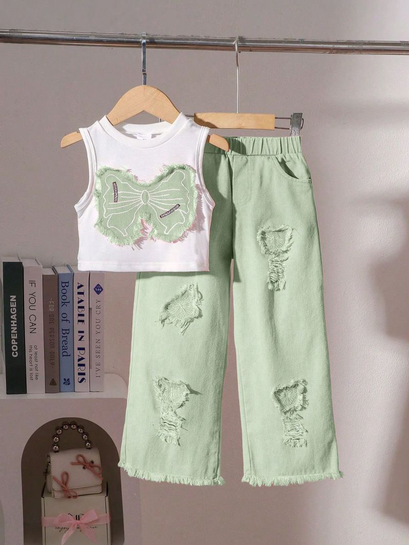 Girls' clothing set European and American summer girls' sleeveless patchwork bow top, ripped denim pants two-piece set