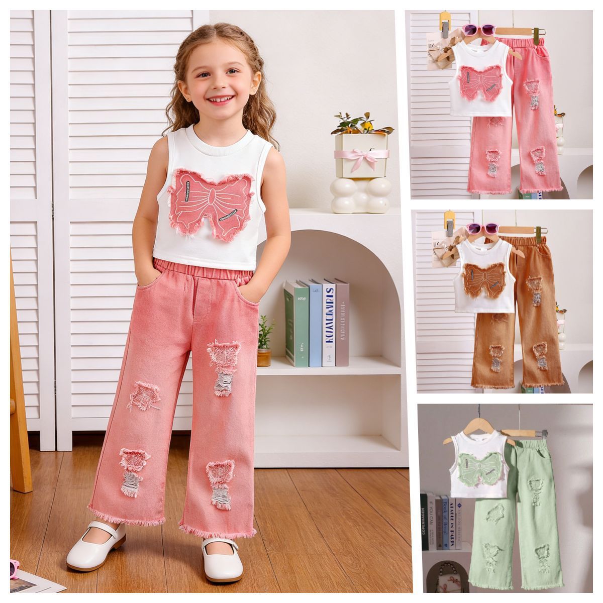 Girls' clothing set European and American summer girls' sleeveless patchwork bow top, ripped denim pants two-piece set