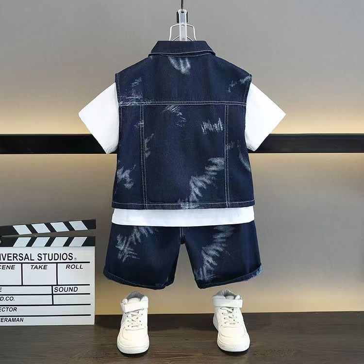 （ three piece set）Boys' clothing set imitation denim suit vest+boys' top+pants handsome middle-aged and large children's western-style summer outfit,