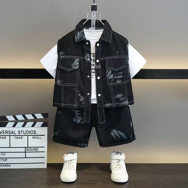 （ three piece set）Boys' clothing set imitation denim suit vest+boys' top+pants handsome middle-aged and large children's western-style summer outfit,