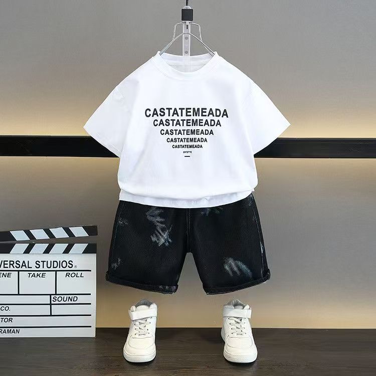 （ three piece set）Boys' clothing set imitation denim suit vest+boys' top+pants handsome middle-aged and large children's western-style summer outfit,