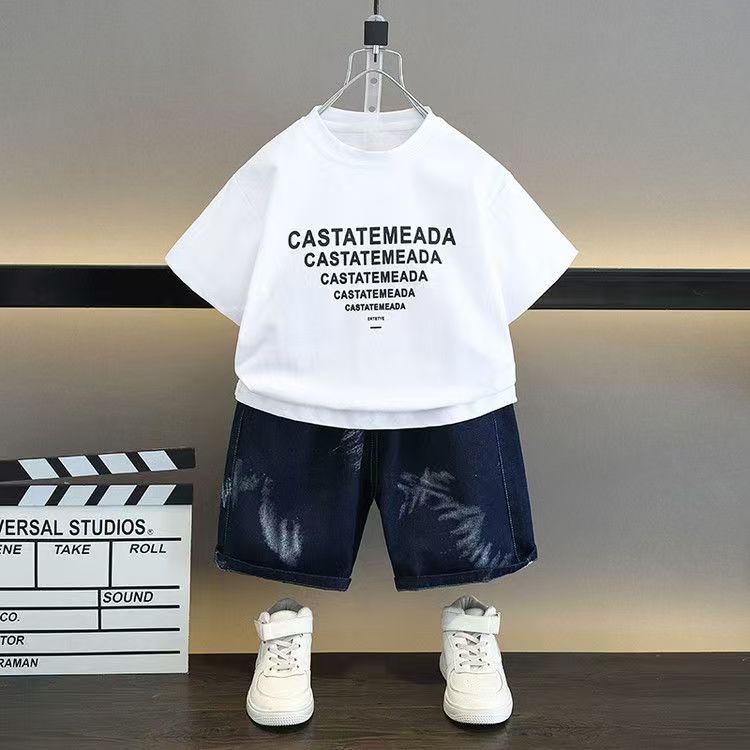 （ three piece set）Boys' clothing set imitation denim suit vest+boys' top+pants handsome middle-aged and large children's western-style summer outfit,