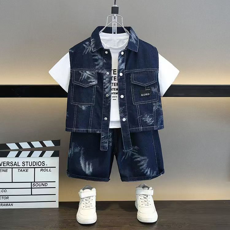 （ three piece set）Boys' clothing set imitation denim suit vest+boys' top+pants handsome middle-aged and large children's western-style summer outfit,