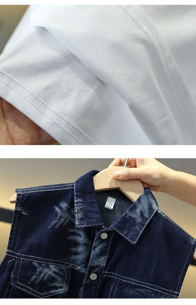 （ three piece set）Boys' clothing set imitation denim suit vest+boys' top+pants handsome middle-aged and large children's western-style summer outfit,
