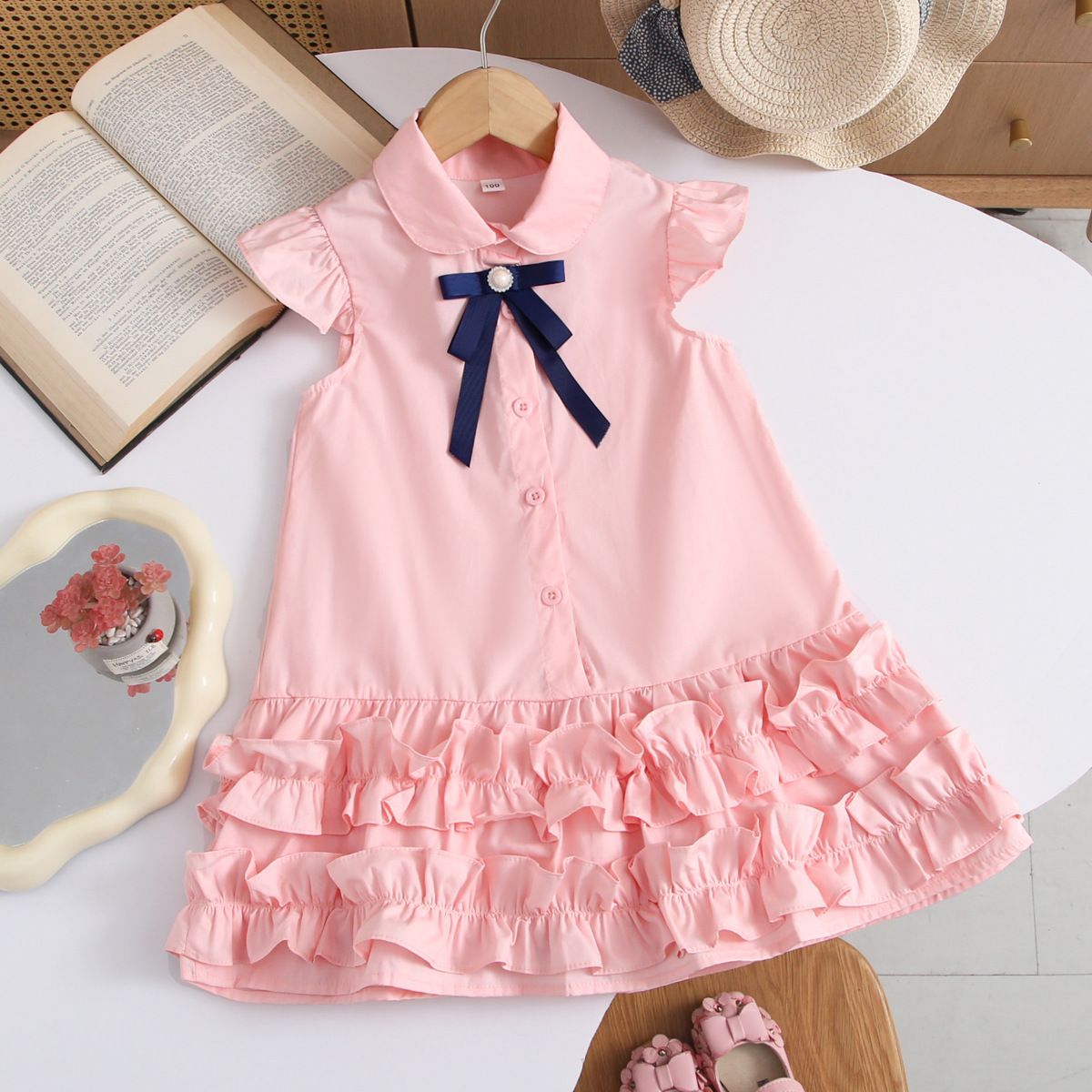 Girls' dress summer new style flying sleeve children's vest skirt, little girls' college style cake skirt