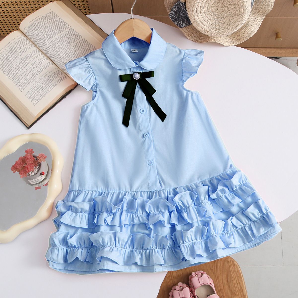 Girls' dress summer new style flying sleeve children's vest skirt, little girls' college style cake skirt