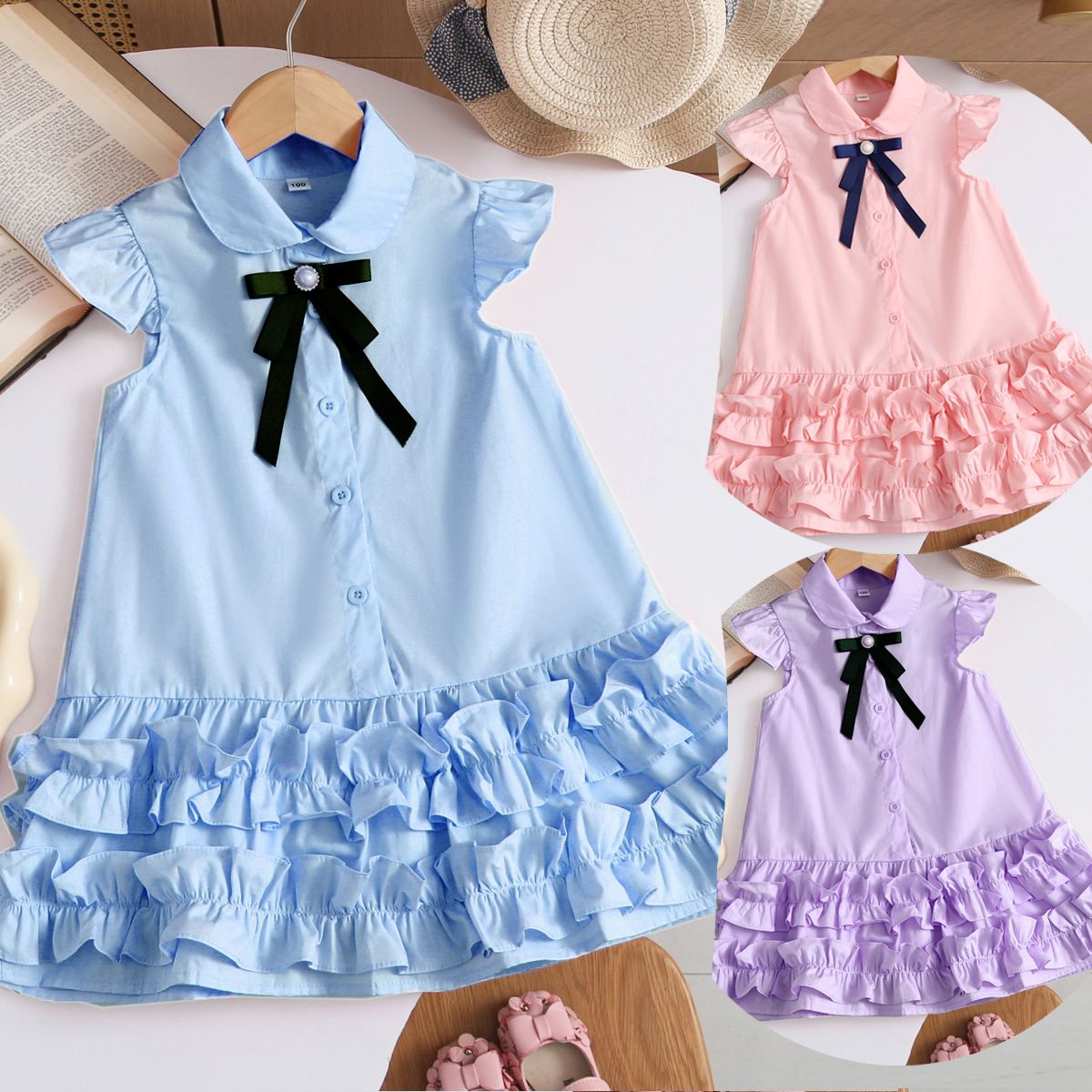 Girls' dress summer new style flying sleeve children's vest skirt, little girls' college style cake skirt
