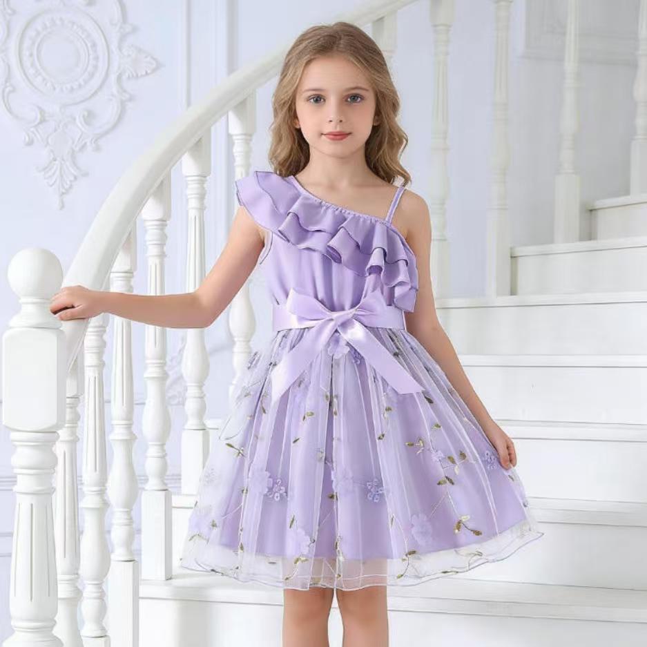 Girl's beautiful dress fashionable lotus leaf sloping shoulder suspender craft yarn dress cute dress for baby girls
