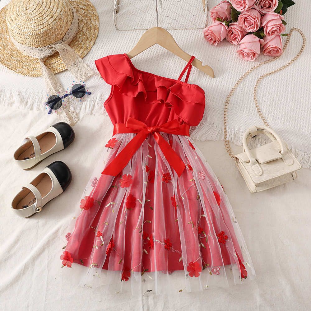 Girl's beautiful dress fashionable lotus leaf sloping shoulder suspender craft yarn dress cute dress for baby girls