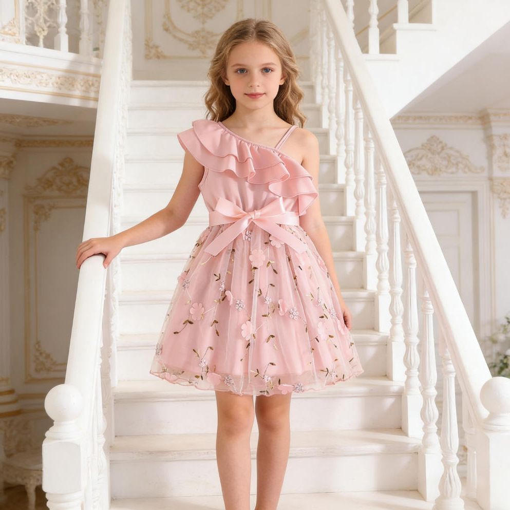 Girl's beautiful dress fashionable lotus leaf sloping shoulder suspender craft yarn dress cute dress for baby girls