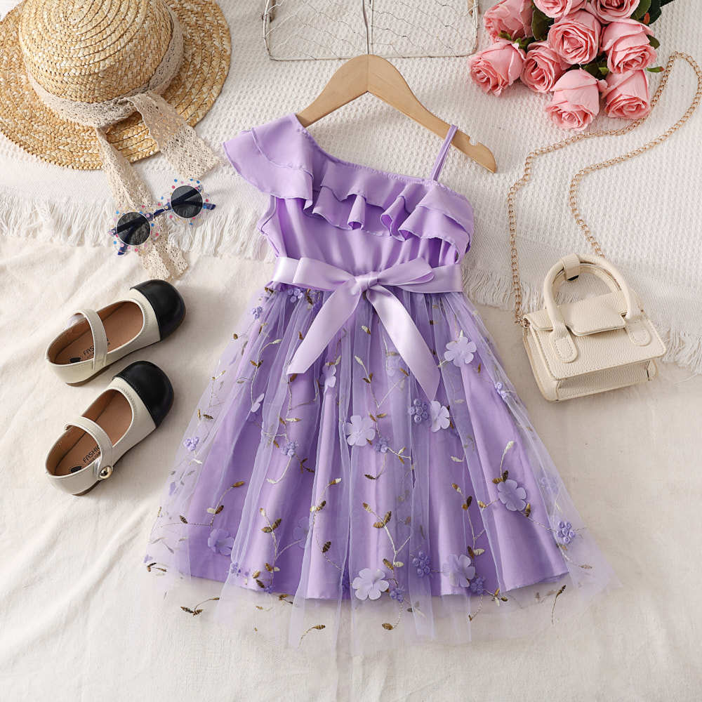 Girl's beautiful dress fashionable lotus leaf sloping shoulder suspender craft yarn dress cute dress for baby girls