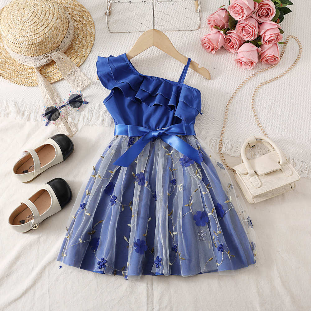 Girl's beautiful dress fashionable lotus leaf sloping shoulder suspender craft yarn dress cute dress for baby girls