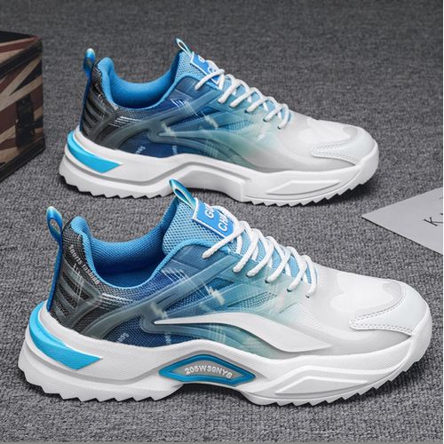 Choose one size larger  Men's sports casual shoes Grey green patchwork fashion running shoes Boy's non-slip rubber soles sneakers youth students breathable athletic shoe Blue,EU40