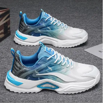 Choose one size larger  Men's sports casual shoes Grey green patchwork fashion running shoes Boy's non-slip rubber soles sneakers youth students breathable athletic shoe Blue,EU44