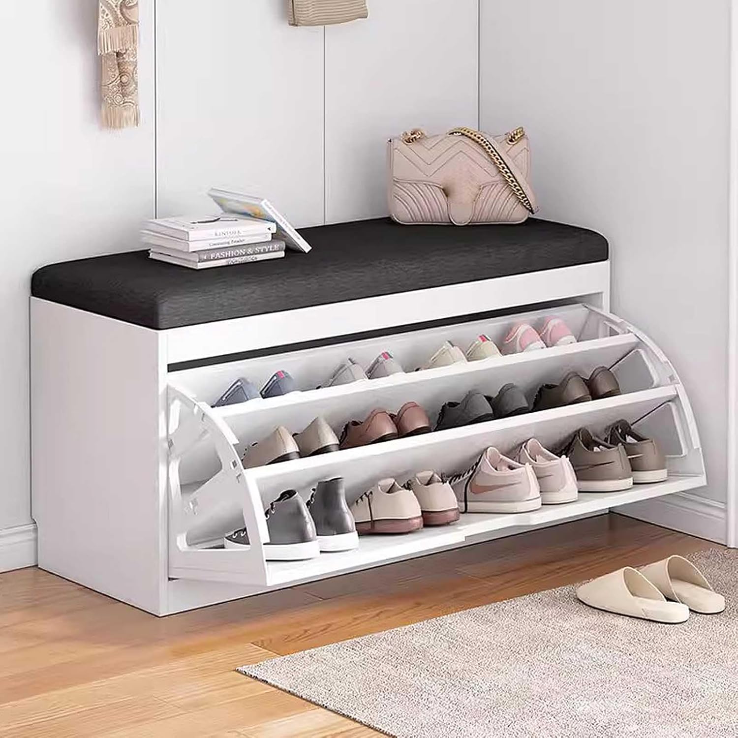 Bench with Shoe Storage, Entryway Tipping Bucket Shoe Rack with Seat Closed Shoe Organizer Cabinet