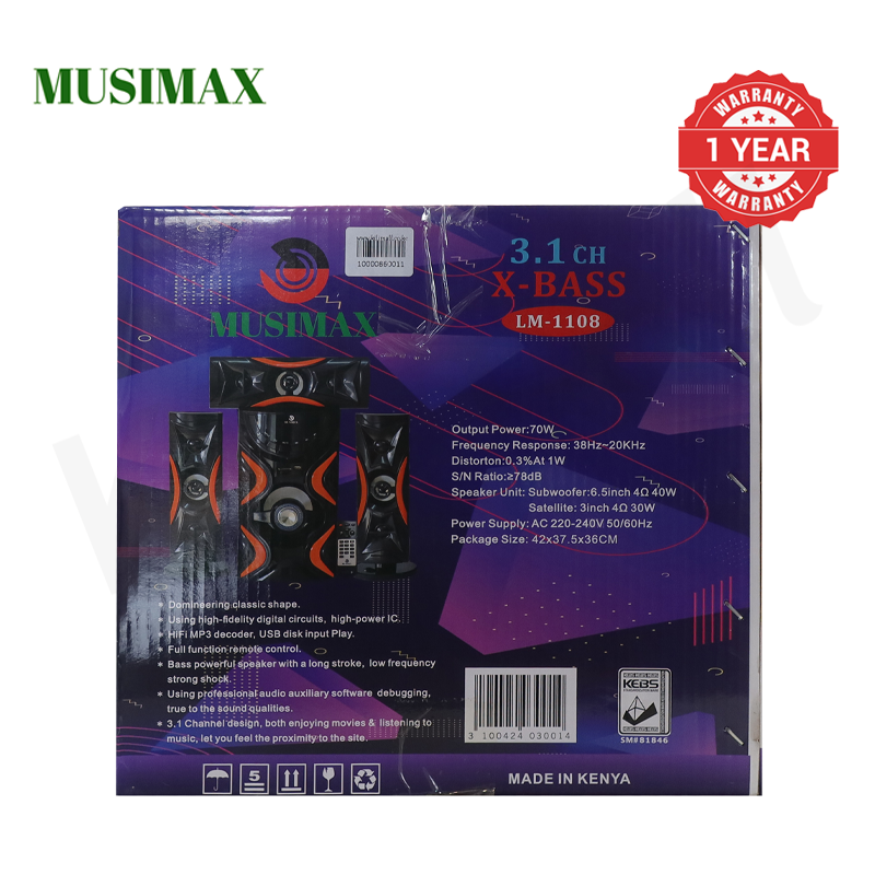 MUSIMAX 3.1CH Bluetooth LM-1108 Woofer Home Theater System Speaker Systems Subwoofer USB/SD/FM Home Audio System with Remote Control 3000W