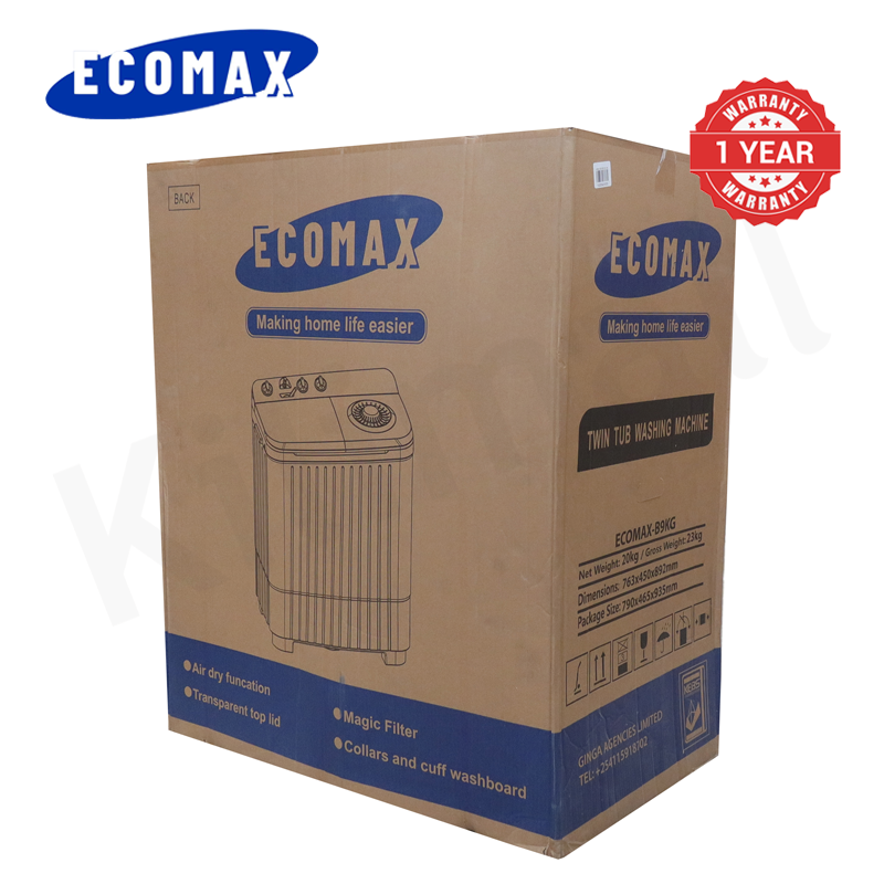 ECOMAX 9KG Twin Tub Washing Machine Air Dry Washer with Transparent Top Lid B9kg