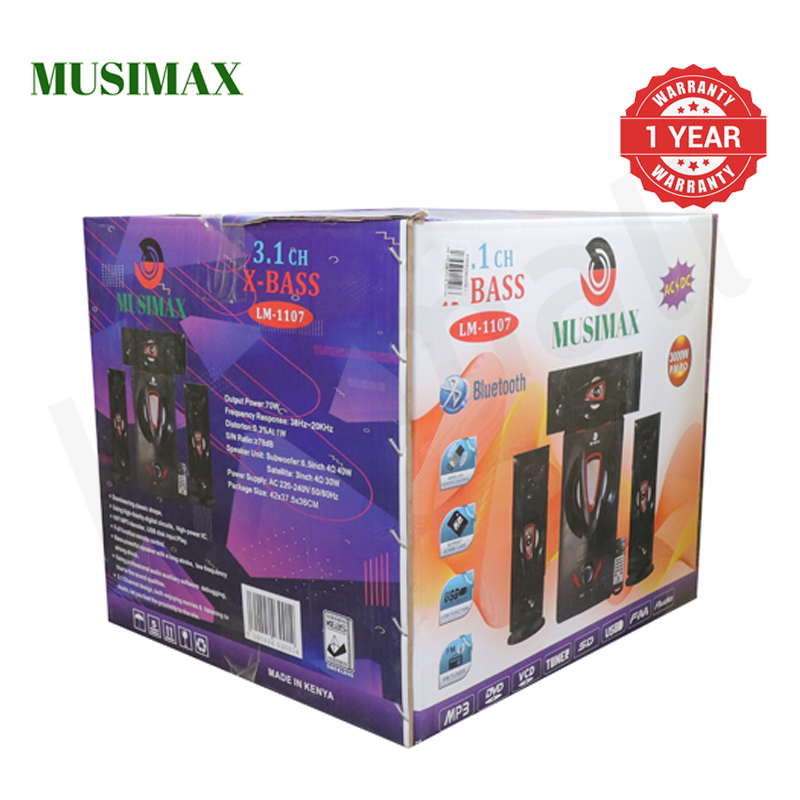 MUSIMAX 3.1CH Multimedia Bluetooth Woofer LM-1107 Home Theater System Speaker Systems Subwoofer USB/SD/FM/DVD Input Home Audio System with Remote Control 3000W