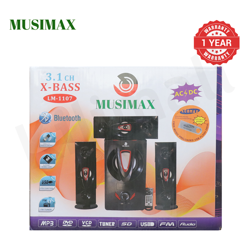 MUSIMAX 3.1CH Multimedia Bluetooth Woofer LM-1107 Home Theater System Speaker Systems Subwoofer USB/SD/FM/DVD Input Home Audio System with Remote Control 3000W