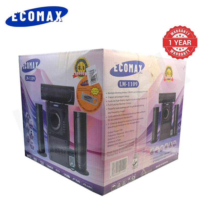 ECOMAX 3.1CH Bluetooth LM-1109 Woofer Home Theater System Speaker Systems Subwoofer USB/SD/FM Home Audio System with Remote Control 20000W