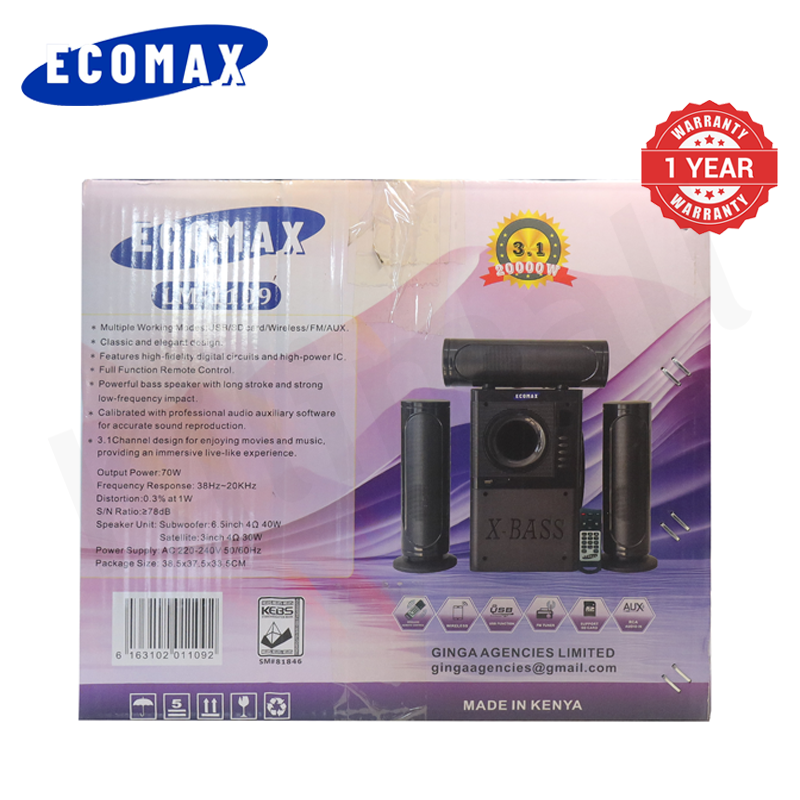 ECOMAX 3.1CH Bluetooth LM-1109 Woofer Home Theater System Speaker Systems Subwoofer USB/SD/FM Home Audio System with Remote Control 20000W