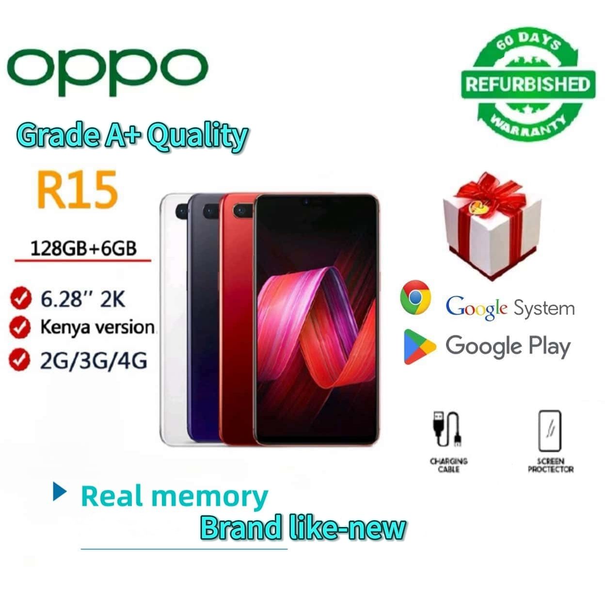 Refurbished OPPO R15 white128G+6G true memory 6.28inch Grade A Quality Arrived in three days Brand like-new original 20MP+16MP 3450mAh 100% capacity Face ID Fingerprint Unlock Smartphones Full Screen