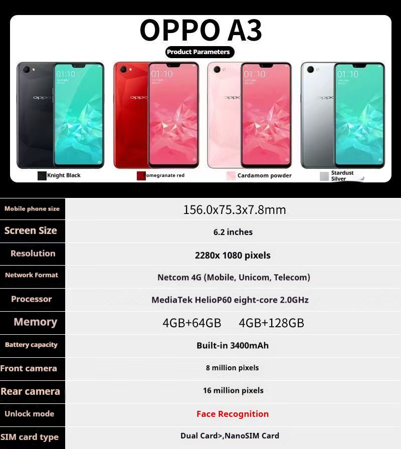 Refurbished Oppo F7/A3 Phones  4GB + 128GB dual sim Multiple colors available 6.2-inch Large Screen Grade A quality Arrived in 3 days  Brand new-like  3400mAh 100% capacity Large Battery Smartphone