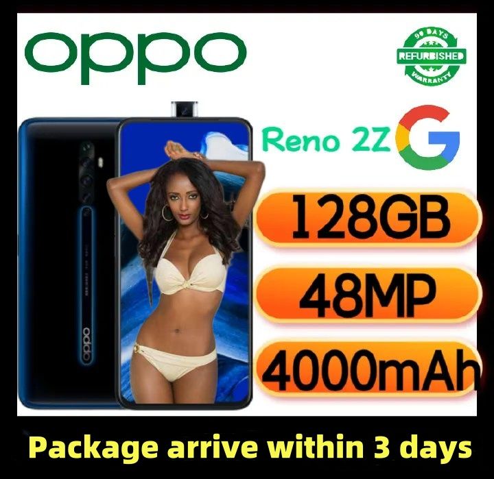Refurbished OPPO Reno 2Z Real memory 8G+ 128GB Grade A Quality 6.5" Smart Phone without Fingerprint unlock phone Dual SIM 4G  Phone Back Camera 48MP 100% Battery Capacity 4000mAh  Mobile Phones