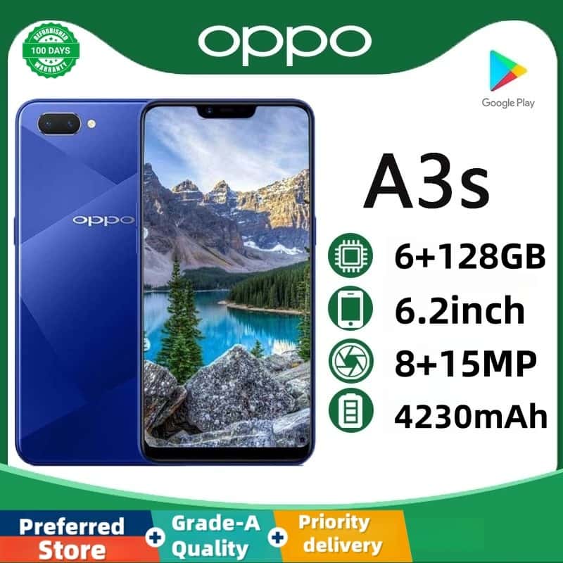 Refurbished OPPO A3S/A5 real memory 64GB+4G Multiple colors available Grade A Quality Face recognition   6.2inch 2G/3G/4G LTE Double Sim Rear camera with 13 MP 100% Battery capacity 4230mAh