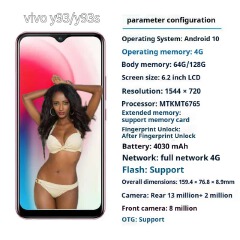 Refurbished VIVO Y93 4G+64GB real memory Multiple colors available 6.2 inch  Grade A Quality Arrived in three days Brand like-new 4030mAh 100% capacity battery Dual SIM  Gaming Phone Smartphone