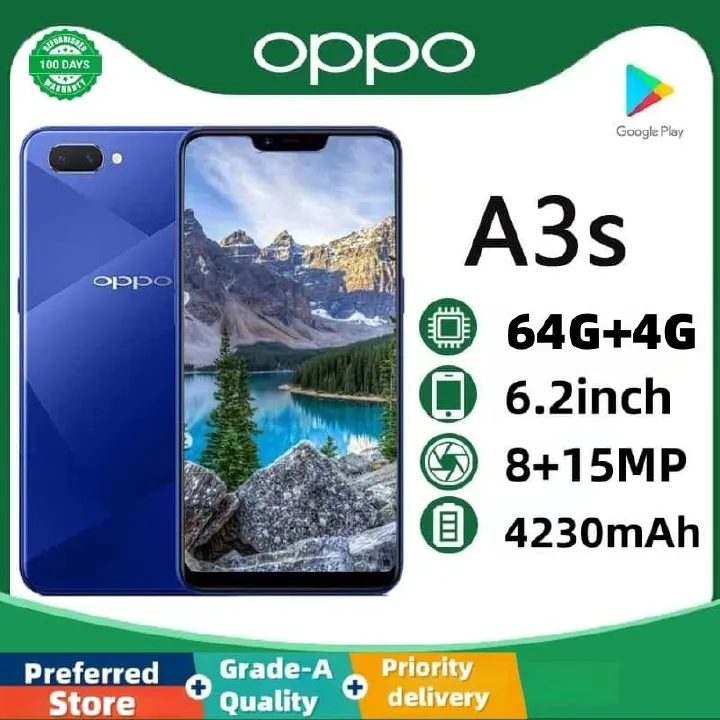 Refurbished OPPO A3S/A5 real memory 64GB+4G Multiple colors available Grade A Quality Face recognition   6.2inch 2G/3G/4G LTE Double Sim Rear camera with 13 MP 100% Battery capacity 4230mAh