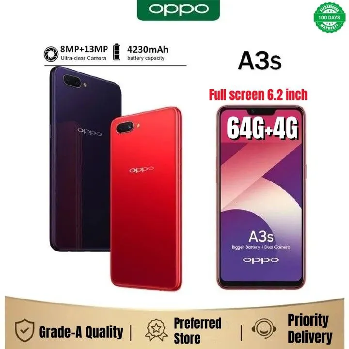 Refurbished OPPO A3S/A5 real memory 64GB+4G Multiple colors available Grade A Quality Face recognition   6.2inch Gaming Phone Double Sim Rear camera with 13 MP 100% Battery capacity 4230mAh