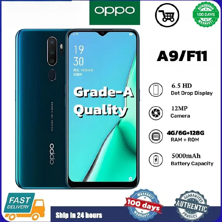 Refurbished phones oppo A9/F11 real memory 6GB+128GB Grade A quality smart phone 6.53 inch display screen  18MP+16MP 4020mAh New battery dual card Fingerprint unlock and Face recognition