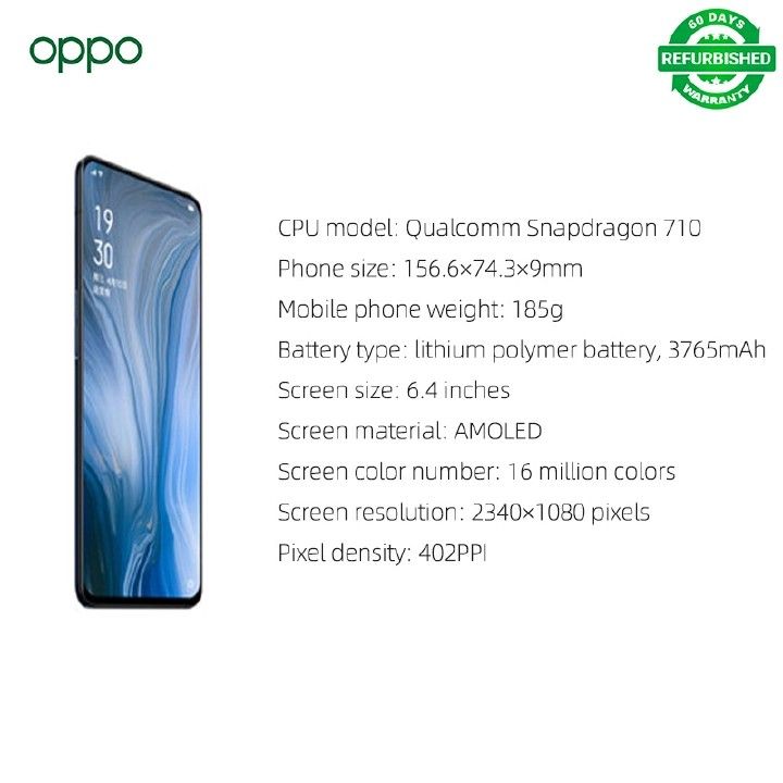 Refurbished OPPO Reno Grade-A Quality Smartphone 6+256G Grade A Quality with Face Unlock with Fingerprint 6.4 inch, Support 2G/3G/4G Network Dual SIM 3765mAh New Battery  48M+16M Camera Android 10