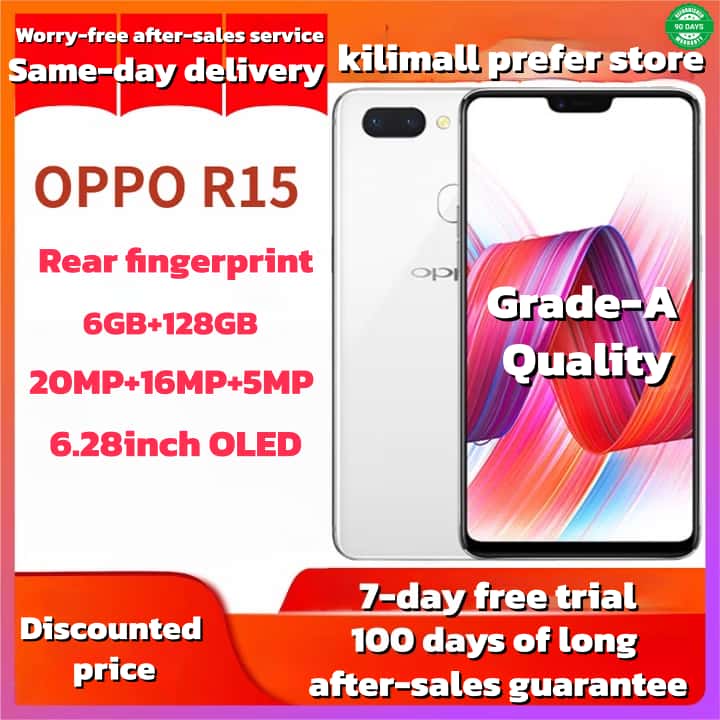 Refurbished OPPO R15 original smartphone128G+6G true memory 6.28inch Grade A Quality Brand like-new  20MP+16MP 3450mAh 100% capacity Face ID Fingerprint Unlock Smartphones Full Screen