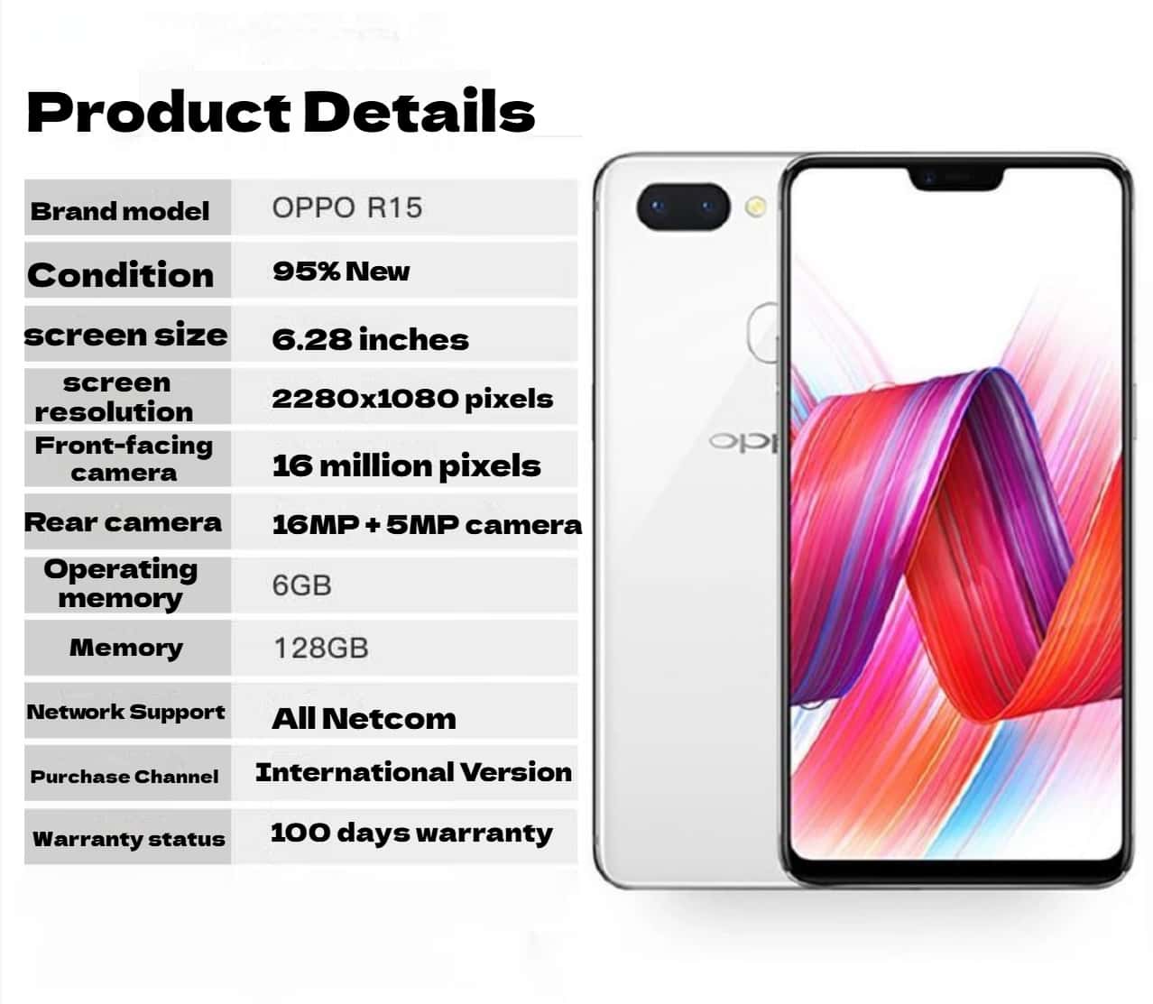 Refurbished OPPO R15 original smartphone128G+6G true memory 6.28inch Grade A Quality Brand like-new  20MP+16MP 3450mAh 100% capacity Face ID Fingerprint Unlock Smartphones Full Screen