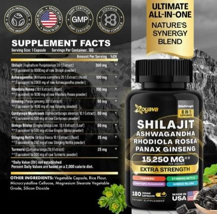 Shilajit 8-in-1 Supplement with Ashwagandha, Rhodiola Rosea & Panax Ginseng - Extra Strength & Energy Boost
