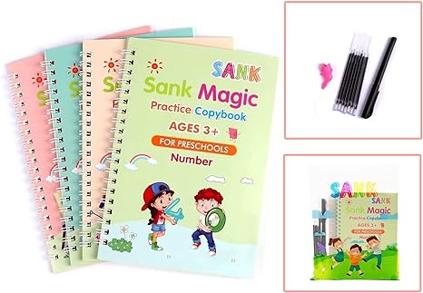 PREMIUM 4 Magic Sank Books for Kids, Magic Ink Handwriting Calligraphy Book, Reusable Practice Book, Preschool Books for Kids with 1 Pen + Refills