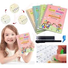 PREMIUM 4 Magic Sank Books for Kids, Magic Ink Handwriting Calligraphy Book, Reusable Practice Book, Preschool Books for Kids with 1 Pen + Refills